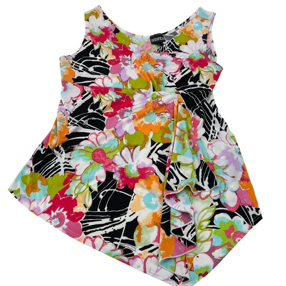Baranda XL Floral Asymmetrical Hem Sleeveless Top Polyester/Spandex Blend Multic